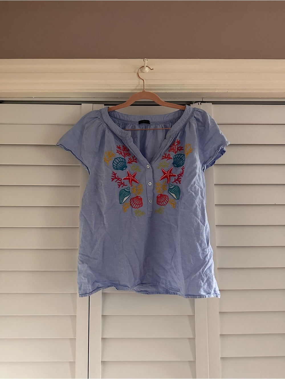 Talbots Light Blue Short-Sleeve Embroidered Shell Top